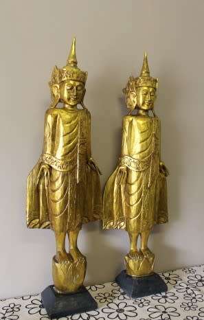 A magnificent pair of gold resin mold Thai temple statues. Amazing display pieces in all rooms! WOW!