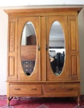 Discounted!! Vintage Oak two-door, two division wardrobe with "full-length" bevelled glass mirrors!!