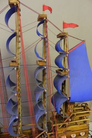 Alarge & detailed (92cm x 78cm high) model sailing ship on a wood stand. Lifespace Sale