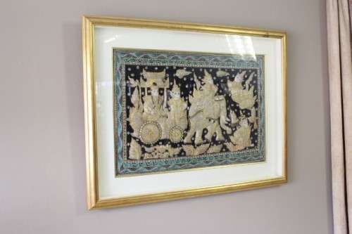 A large  vintage Thai Kalaga tapestry, embroided applique sequined framed picture. Lifespace Sale