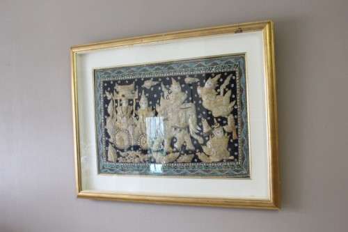 A large  vintage Thai Kalaga tapestry, embroided applique sequined framed picture. Lifespace Sale