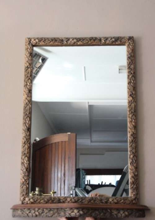 A fabulous wood, painted old gold wall mirror & matching half moon shelf w/ ornate detailing. Wow!!!
