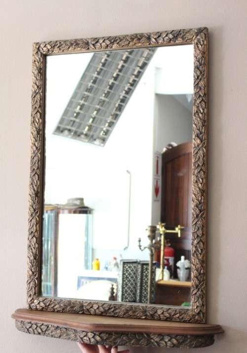 A fabulous wood, painted old gold wall mirror & matching half moon shelf w/ ornate detailing. Wow!!!