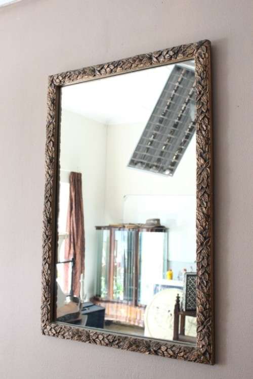 A fabulous wood, painted old gold wall mirror & matching half moon shelf w/ ornate detailing. Wow!!!