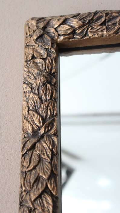 A fabulous wood, painted old gold wall mirror & matching half moon shelf w/ ornate detailing. Wow!!!