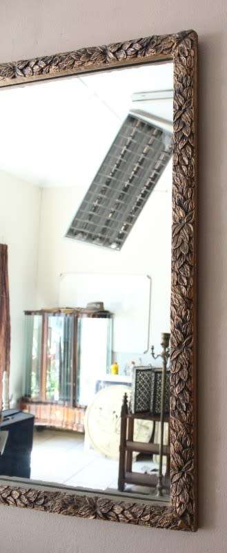 A fabulous wood, painted old gold wall mirror & matching half moon shelf w/ ornate detailing. Wow!!!