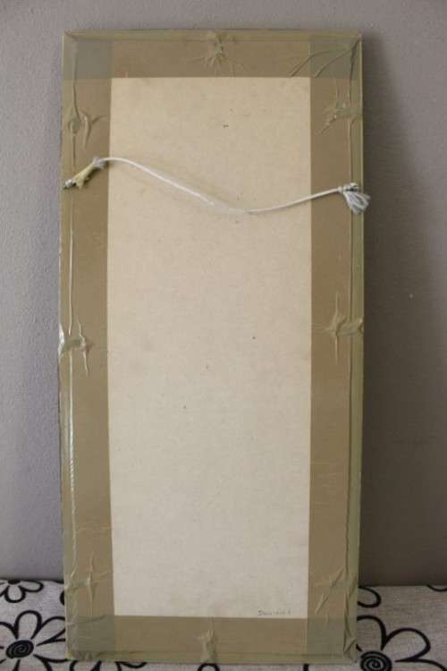 A beautiful vintage Japanese themed embroided on silk picture of a bird with flowers.