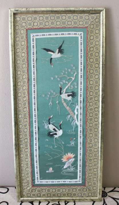 A beautiful vintage Japanese themed embroided on silk picture of a birds.