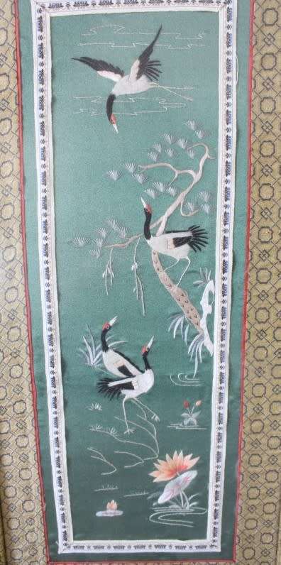 A beautiful vintage Japanese themed embroided on silk picture of a birds.