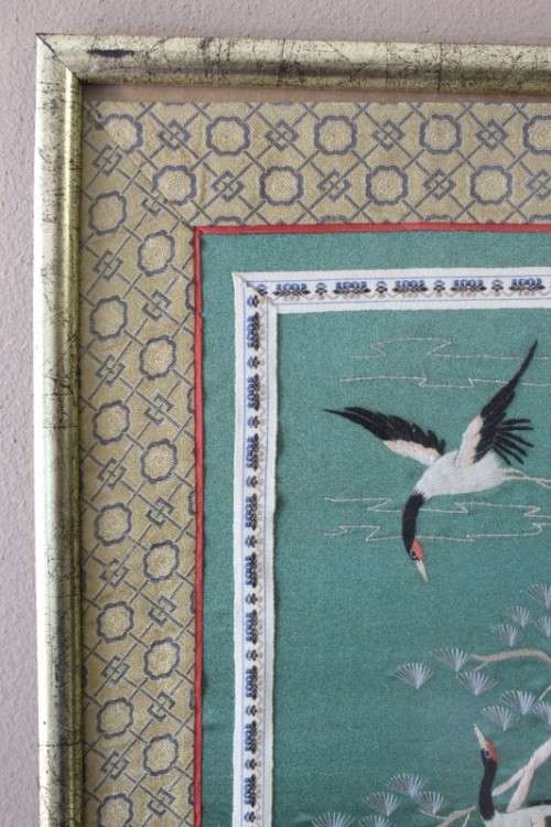 A beautiful vintage Japanese themed embroided on silk picture of a birds.