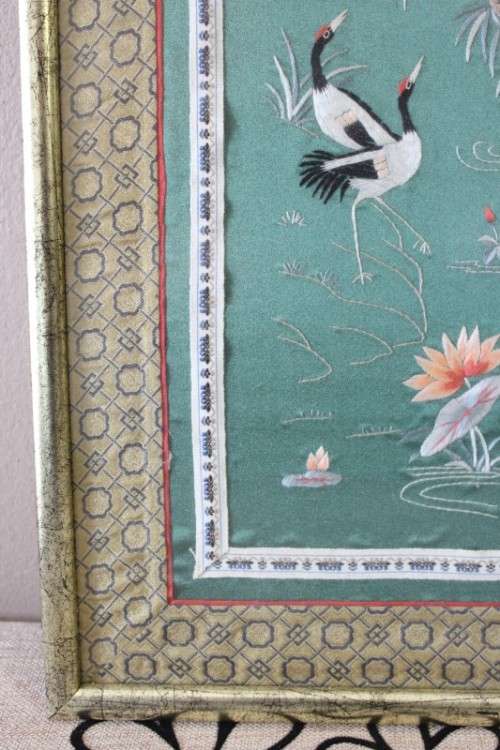 A beautiful vintage Japanese themed embroided on silk picture of a birds.