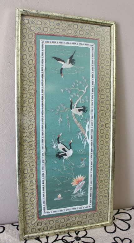 A beautiful vintage Japanese themed embroided on silk picture of a birds.