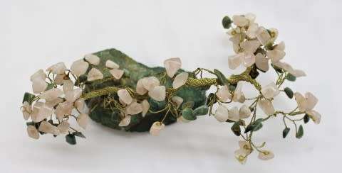 A stunning moonstone & adventurine gemstone and brass tree on a green quartz base.