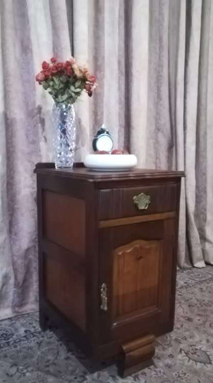 Vintage Imbuia single-door pedestal cabinet with a top drawer and brass handles-Lifespace Sale