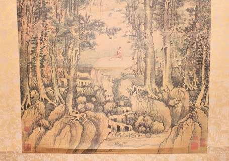 A wonderful Chinese hanging scroll landscape ink & watercolour painting on silk rice paper with case