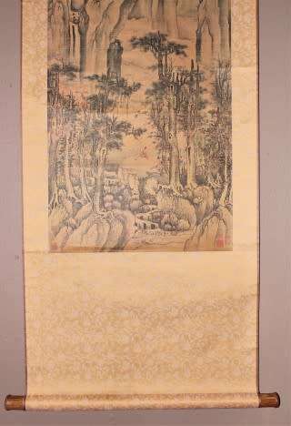 A wonderful Chinese hanging scroll landscape ink & watercolour painting on silk rice paper with case