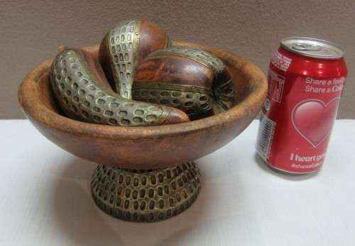 A stunning wooden fruit bowl with brass and metal fruit.....WOW!!!!!
