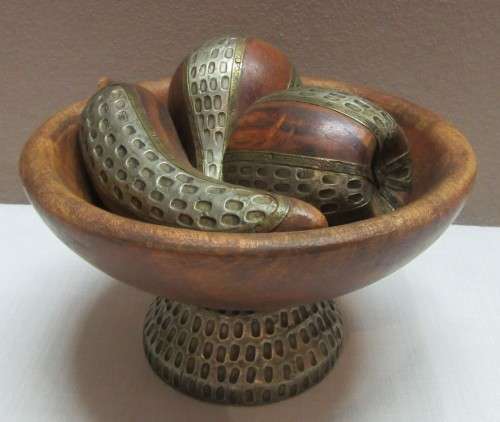 A stunning wooden fruit bowl with brass and metal fruit.....WOW!!!!!