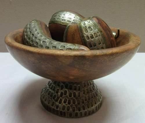 A stunning wooden fruit bowl with brass and metal fruit.....WOW!!!!!