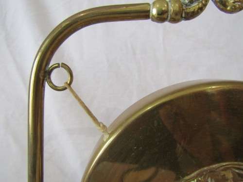 A stunning vintage brass dinner gong on a stand with a mallet, lovely on display or for use!