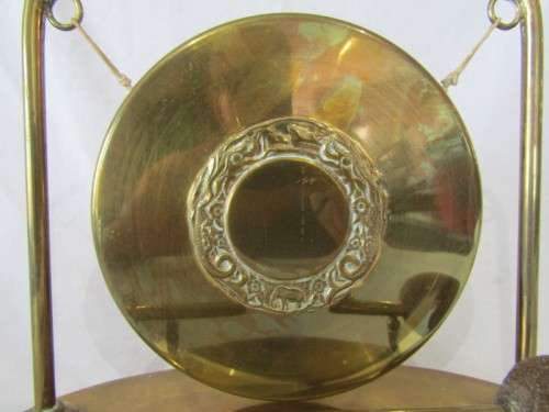 A stunning vintage brass dinner gong on a stand with a mallet, lovely on display or for use!