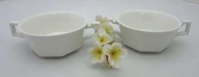 A lovely pair of white porcelain double handled soup bowls.  Lifespace Sale