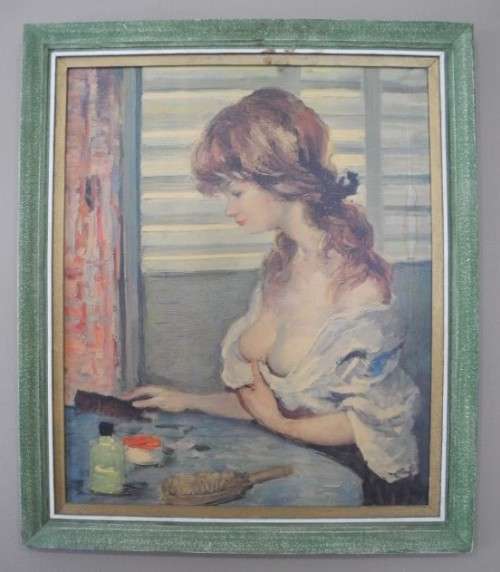 A very pretty oil on board painting of young lady at a dresser, gorgeous in any room!