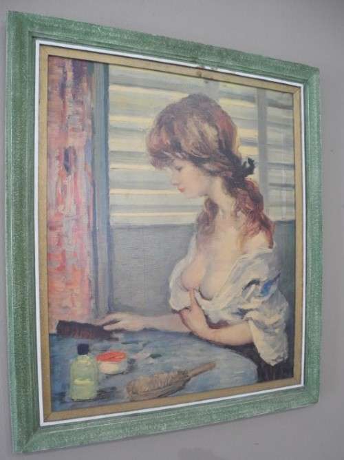 A very pretty oil on board painting of young lady at a dresser, gorgeous in any room!