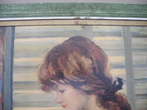 A very pretty oil on board painting of young lady at a dresser, gorgeous in any room!