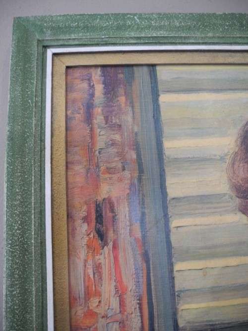 A very pretty oil on board painting of young lady at a dresser, gorgeous in any room!
