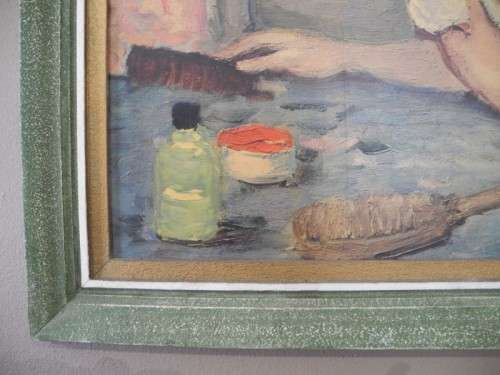 A very pretty oil on board painting of young lady at a dresser, gorgeous in any room!