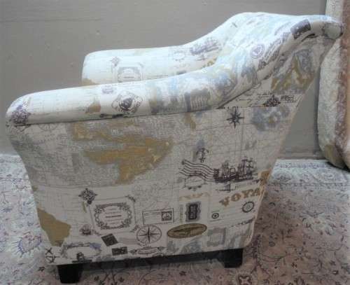 Two stylish & modern arm chairs w/ thick durable fabric w/ a nautical theme.Stunning in all rooms.