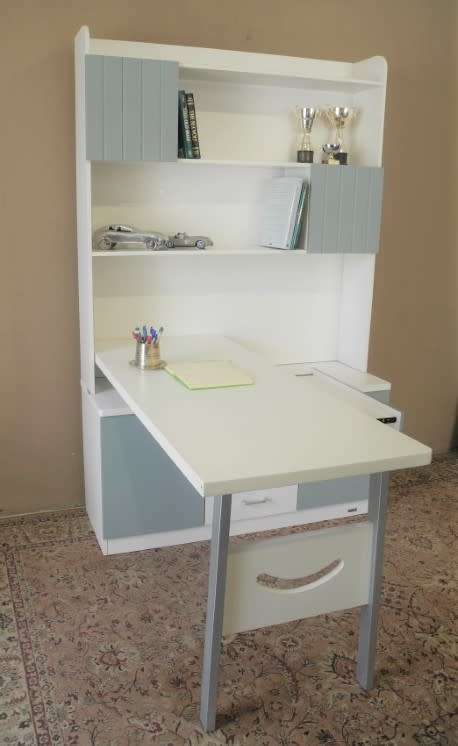 A stylish, modern `Mokki` book case with desk in white and blue.