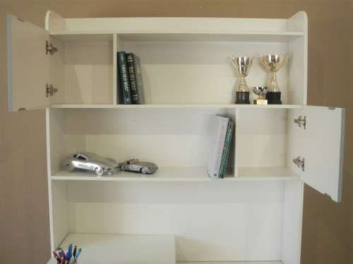 A stylish, modern `Mokki` book case with desk in white and blue.