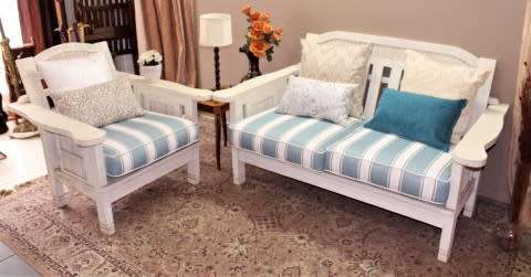 Wooden outdoor patio set painted white, with white & blue cushions-Lifespace Sale