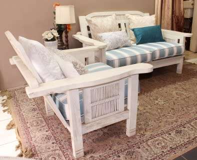 Wooden outdoor patio set painted white, with white & blue cushions-Lifespace Sale