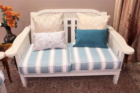 Wooden outdoor patio set painted white, with white & blue cushions-Lifespace Sale