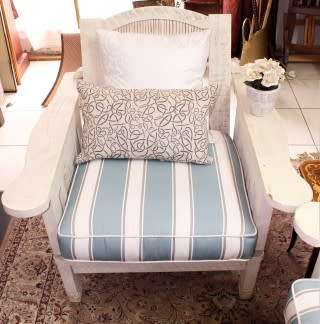 Wooden outdoor patio set painted white, with white & blue cushions-Lifespace Sale