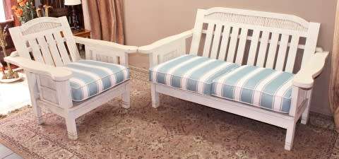 Wooden outdoor patio set painted white, with white & blue cushions-Lifespace Sale