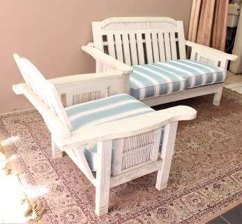 Wooden outdoor patio set painted white, with white & blue cushions-Lifespace Sale