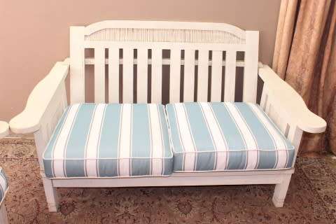 Wooden outdoor patio set painted white, with white & blue cushions-Lifespace Sale