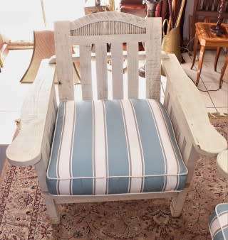 Wooden outdoor patio set painted white, with white & blue cushions-Lifespace Sale