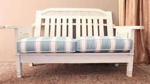 Wooden outdoor patio set painted white, with white & blue cushions-Lifespace Sale