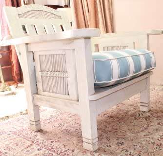 Wooden outdoor patio set painted white, with white & blue cushions-Lifespace Sale