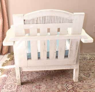 Wooden outdoor patio set painted white, with white & blue cushions-Lifespace Sale