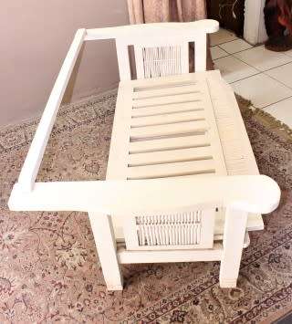 Wooden outdoor patio set painted white, with white & blue cushions-Lifespace Sale