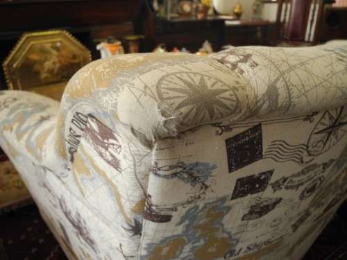 Two stylish & modern arm chairs w/ thick durable fabric w/ a nautical theme.Stunning in all rooms.