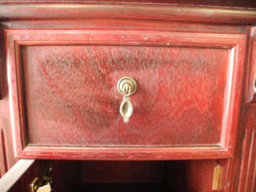 A gorgeous vintage Mahogany two-drawer, two cupboard library/ ladies writing desk w/ ornate handles