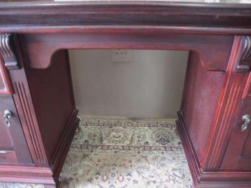 A gorgeous vintage Mahogany two-drawer, two cupboard library/ ladies writing desk w/ ornate handles