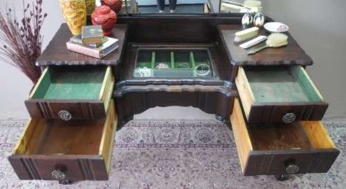 A gorgeous vintage solid Imbuia ball & claw dressing table w 4 drawers, large mirror & brass handles
